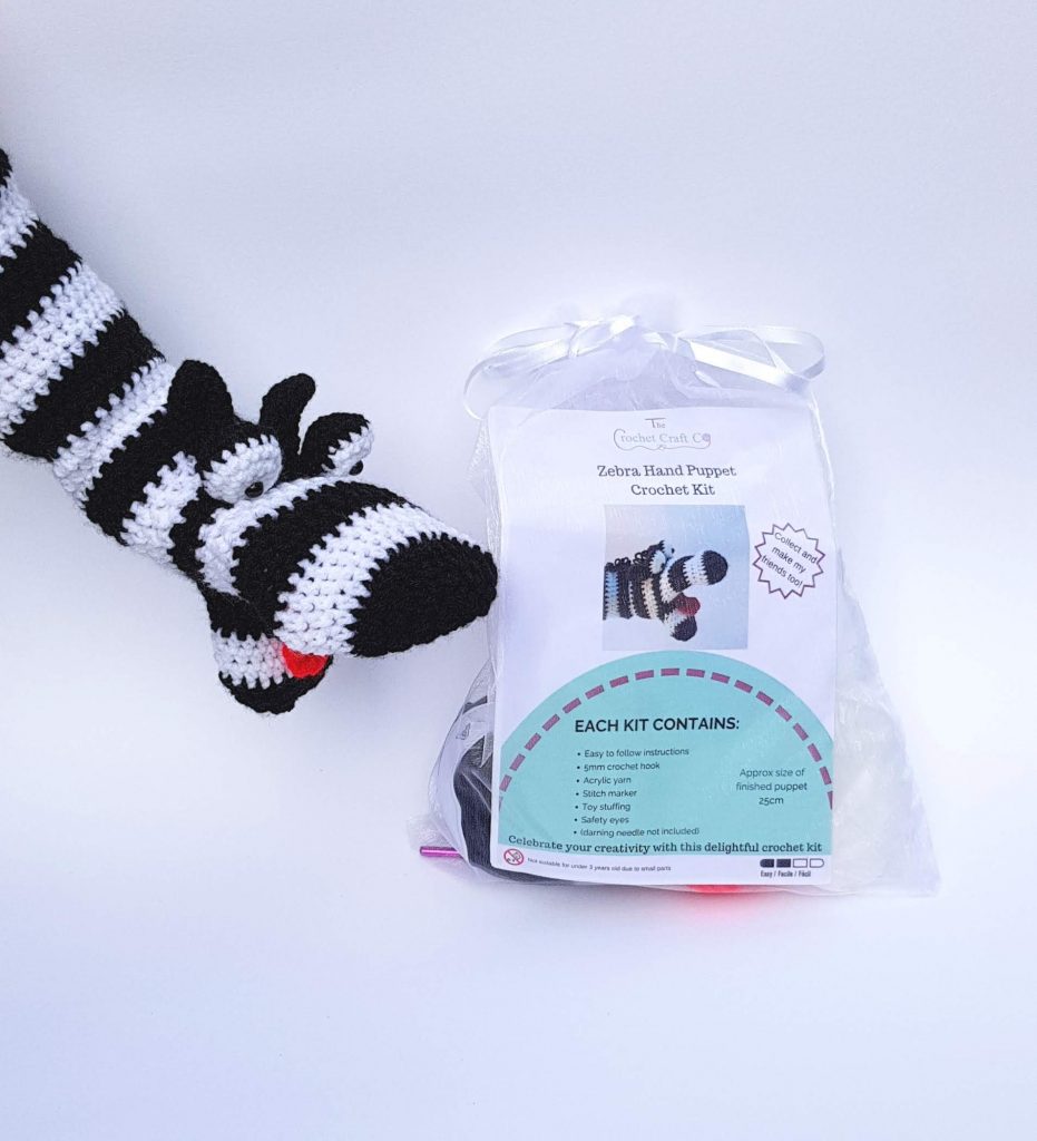Zebra crochet kit hand puppet, the crochet craft co