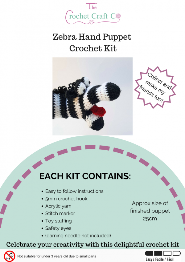crochet hand puppet kit, crochet zebra kit, crochet craft co